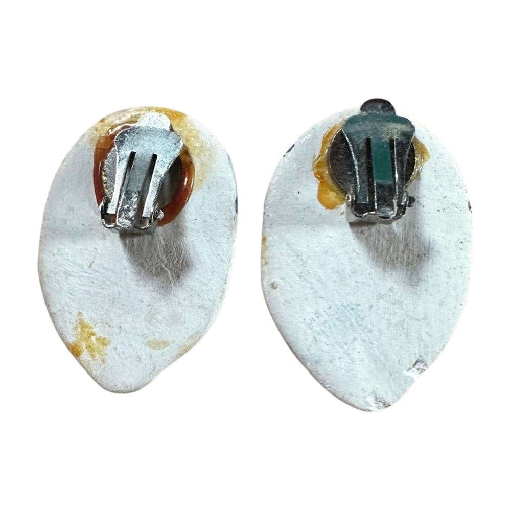Vintage Ceramic Face Clip-On Earrings | Hand-Painted Whimsical Folk Art Jewelry - Picture 3 of 11